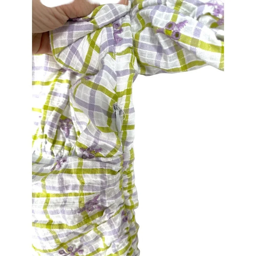 Zara Women’s Checkered Draped Mini Dress Balloon‎ Sleeve Floral sz M